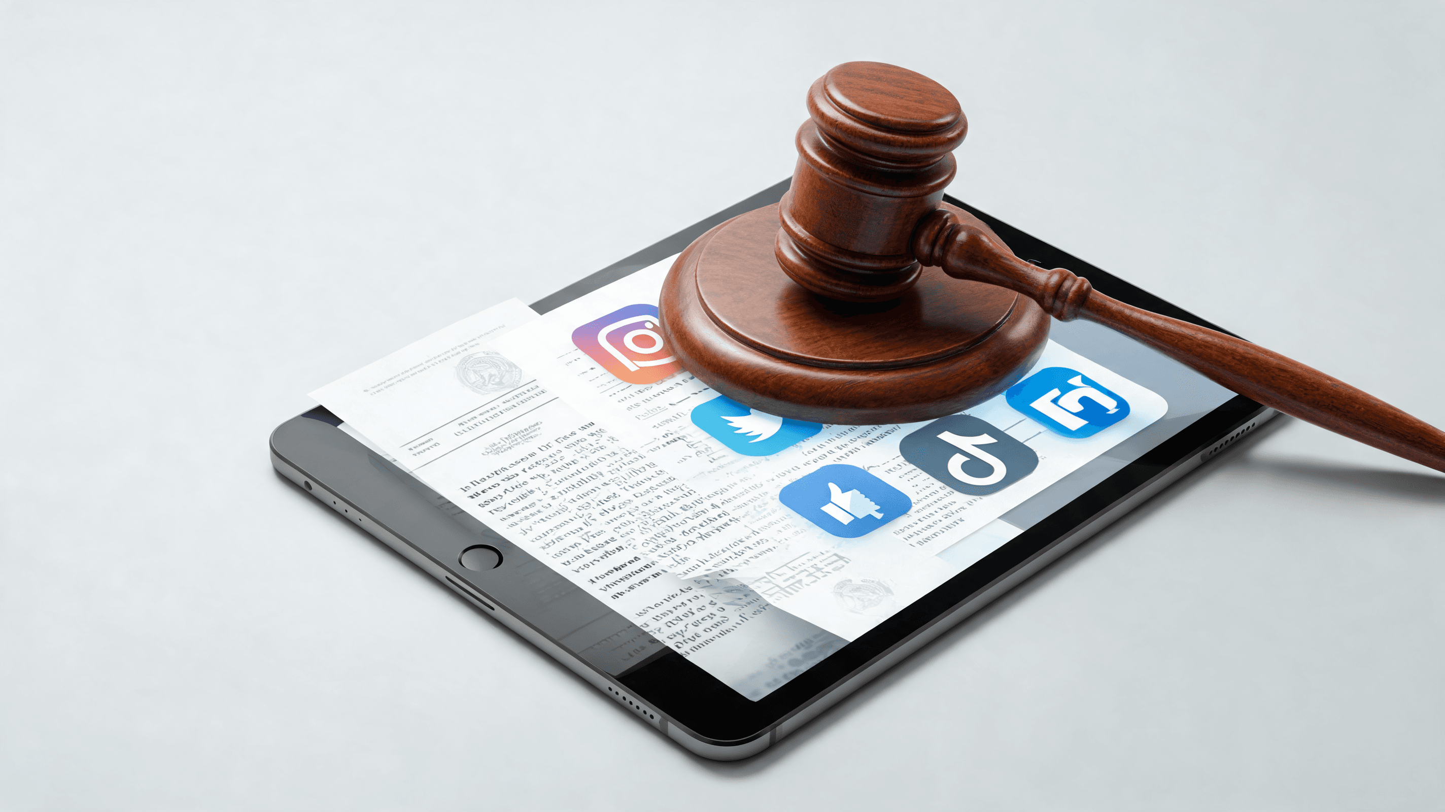 A courtroom gavel sitting on a digital tablet with social media icons, legal document overlay, conce