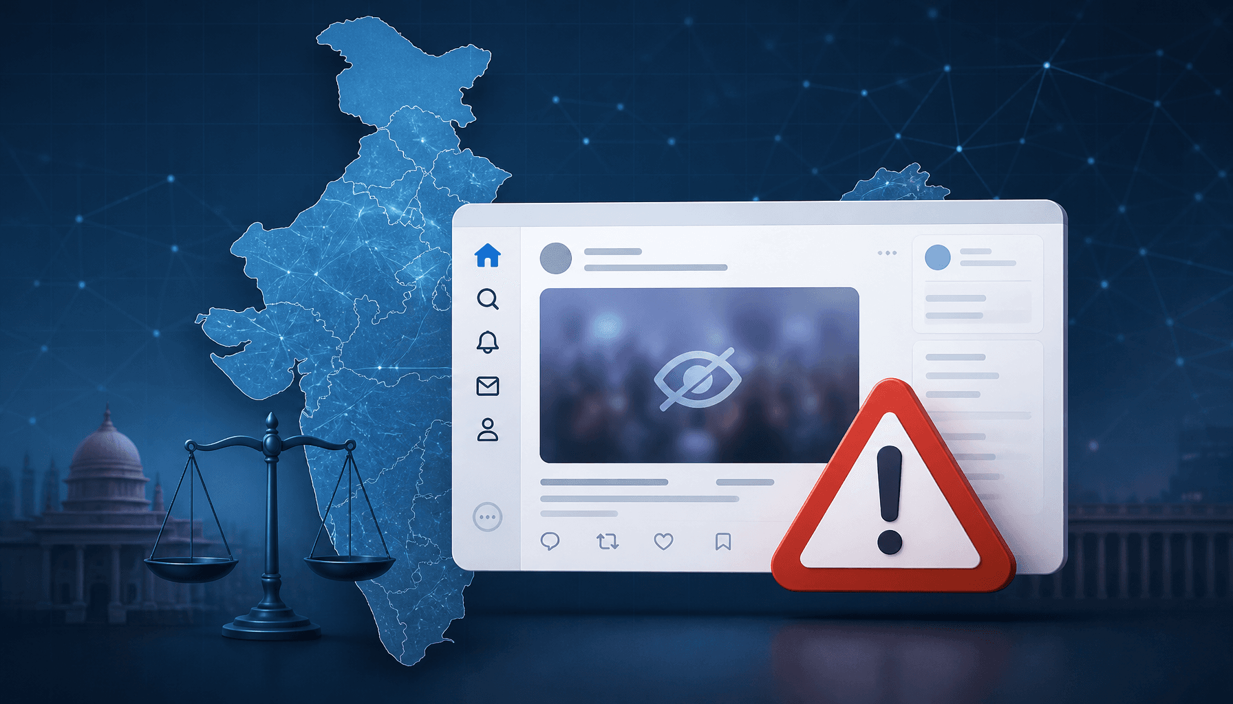 A digital illustration of a social media interface with a warning sign, superimposed over an abstrac