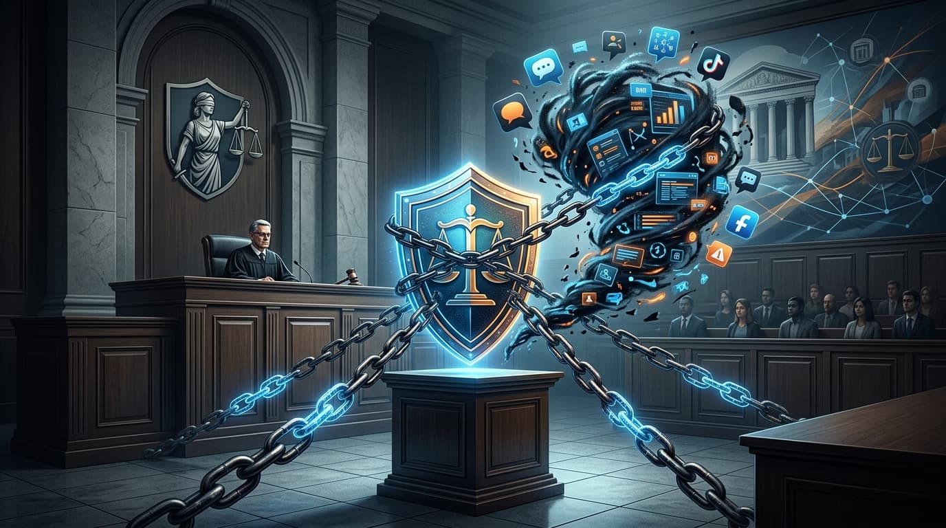 A courtroom scene featuring a stylized digital shield and chains, representing the legal system hold