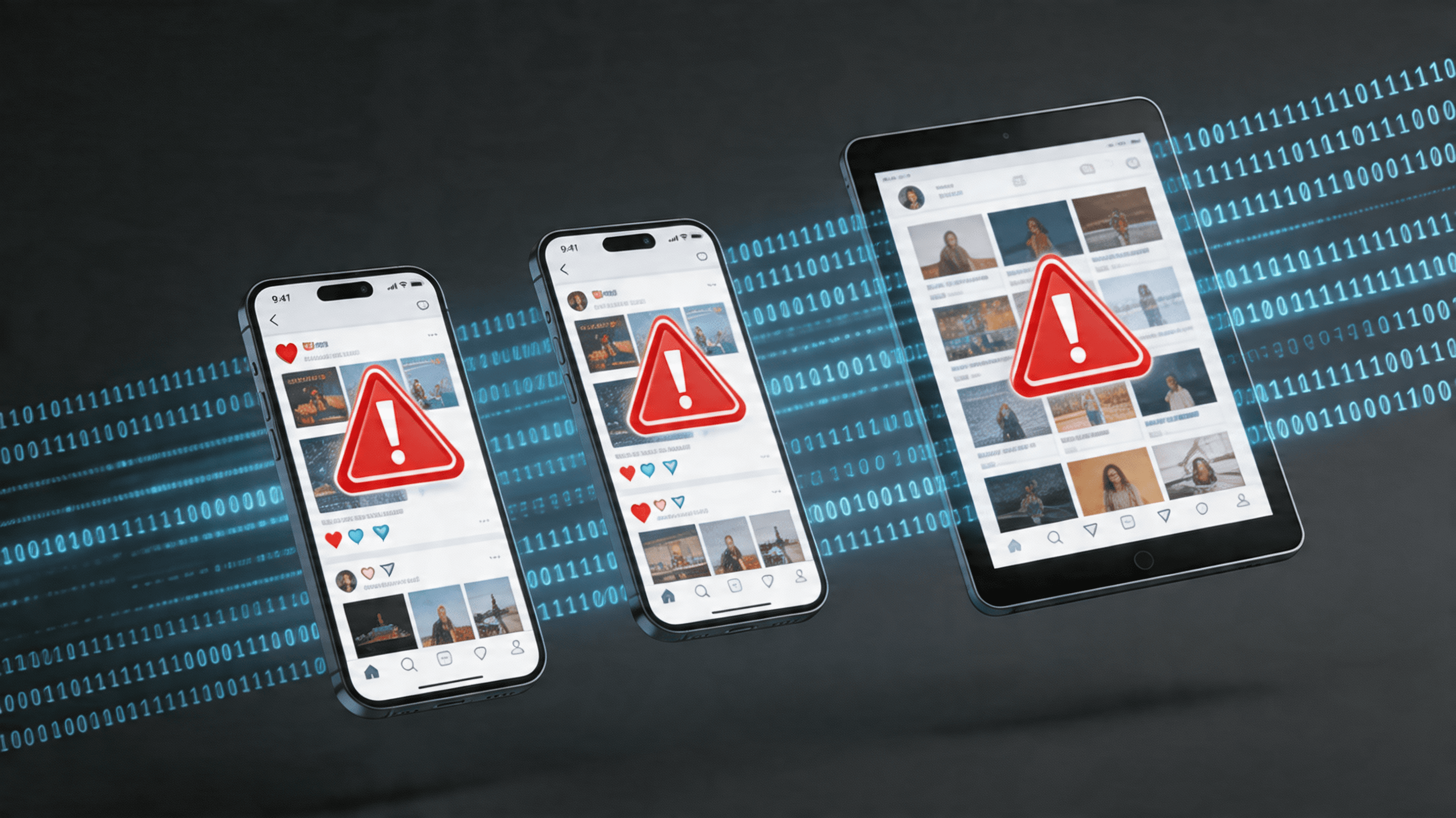 An abstract, professional digital art piece showing social media screens with warning icons and bina