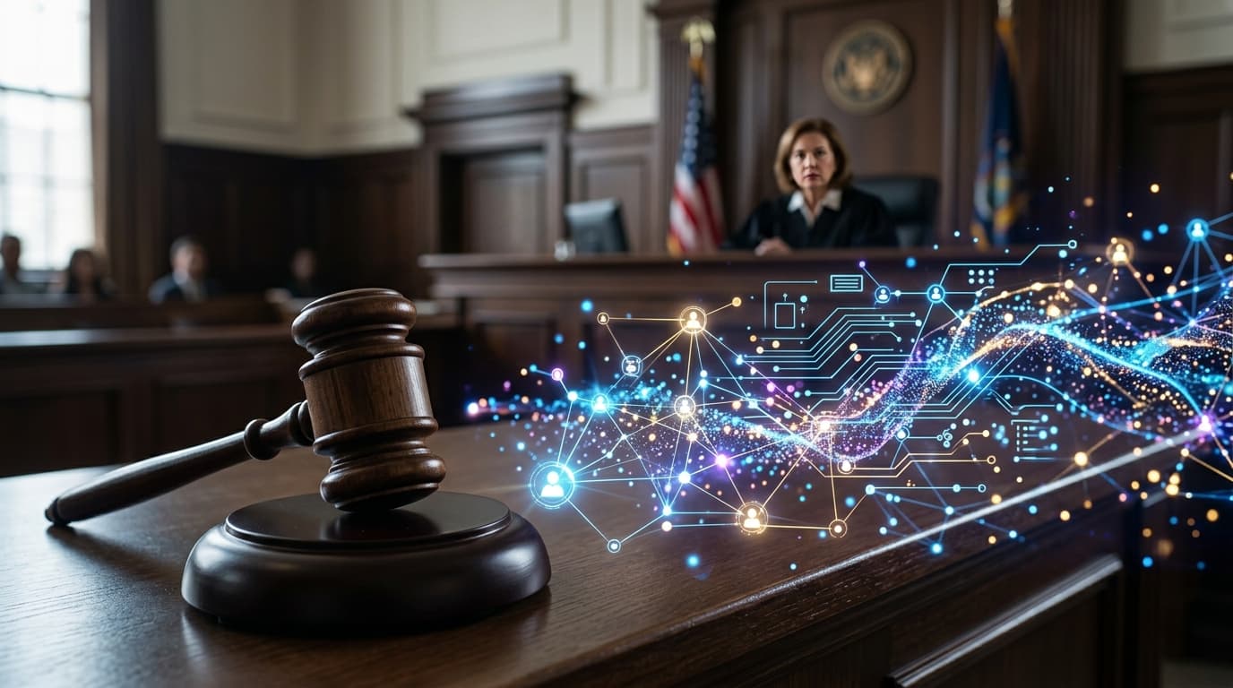 A courtroom scene showing a judge's gavel and digital abstract representations of social media conne