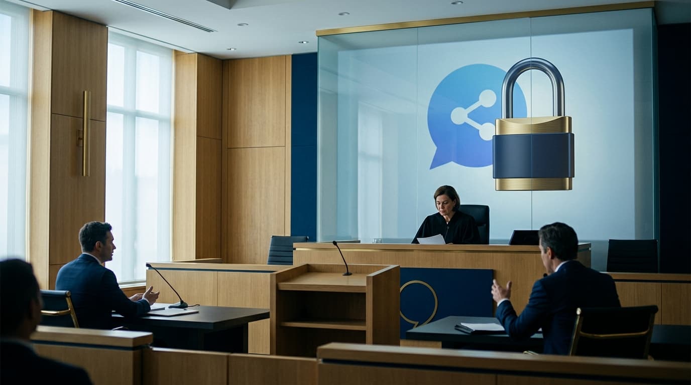 A modern, serious courtroom scene with a stylized digital logo of a social media platform overlaid w