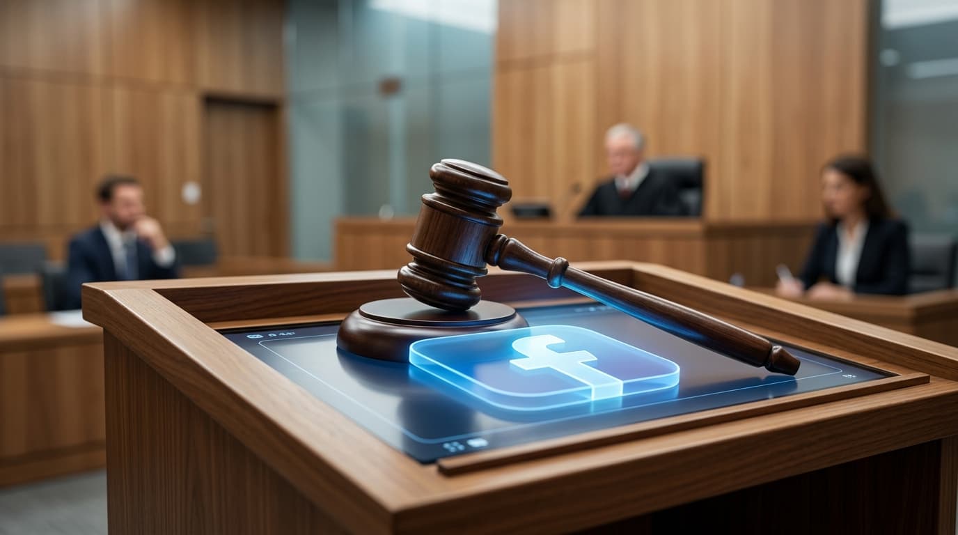 A modern courtroom conceptualization, with a glowing social media logo icon partially obscured by a