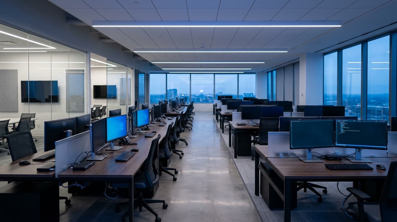 A minimalist corporate office interior in transition, showing empty desks and modern technology equi