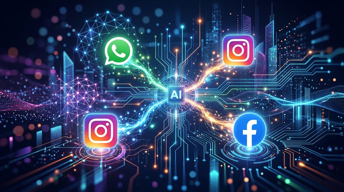 Abstract representation of social media connectivity with AI integration, glowing sparks of light co