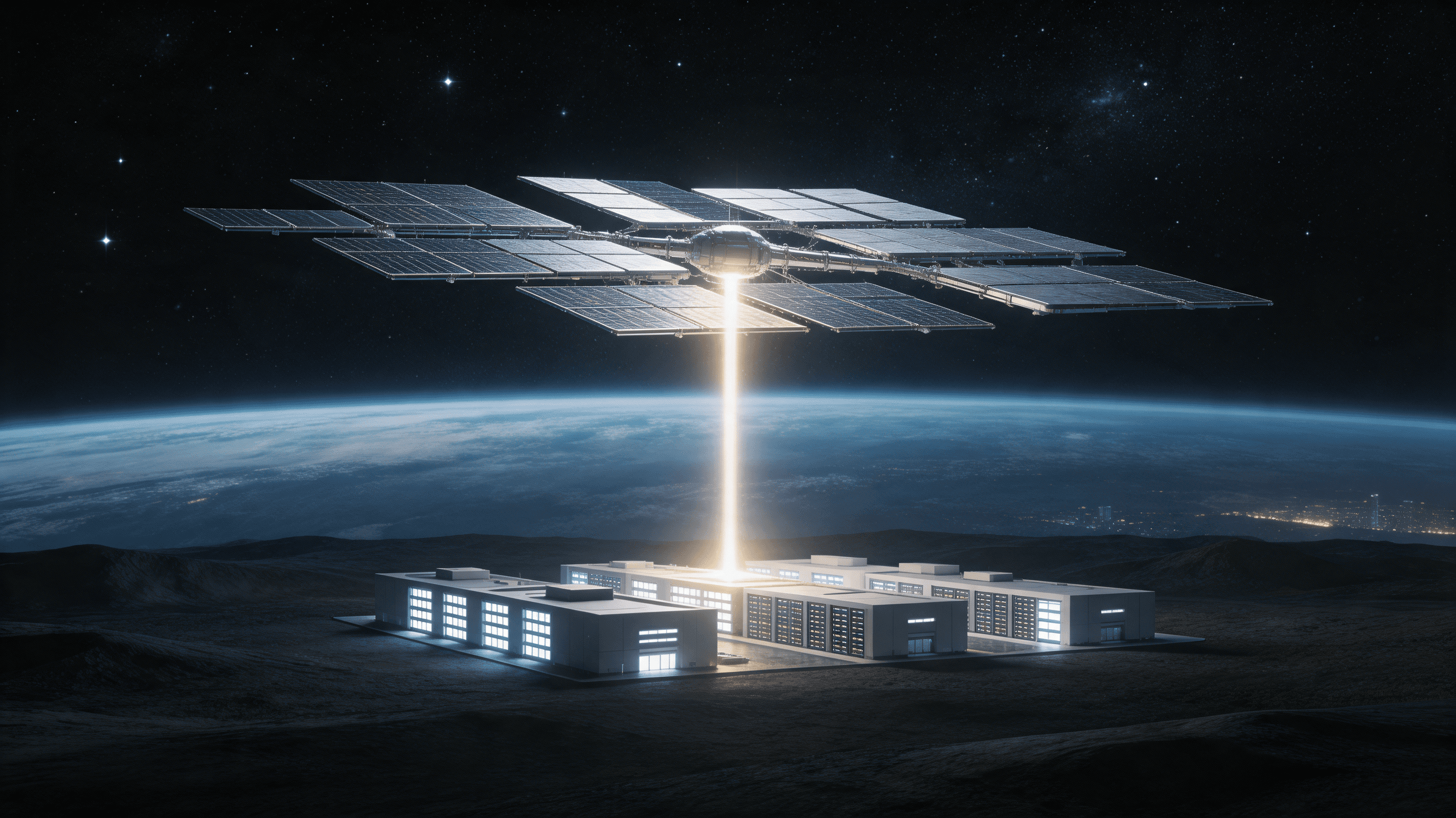 A futuristic depiction of solar panel arrays in Earth's orbit, with an glowing energy beam beaming d