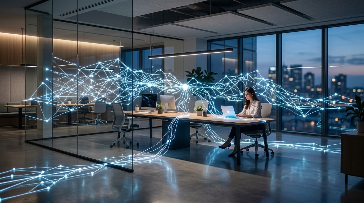 An artistic concept showing digital neural networks expanding and lighting up in a sleek, minimalist