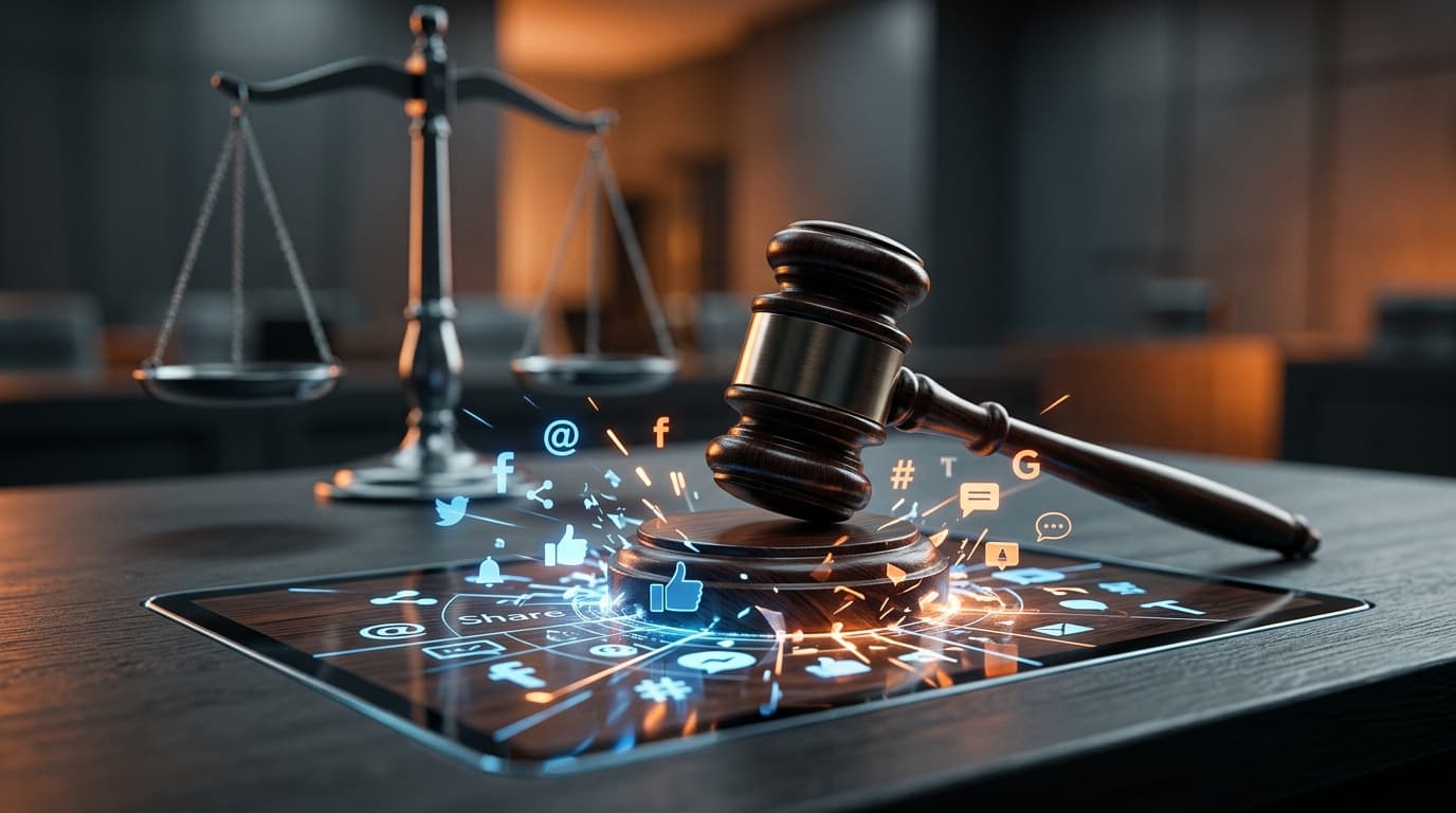 A gavel striking a digital wooden surface overlaid with social media interface icons, abstract legal
