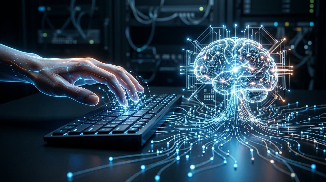 Abstract representation of digital surveillance, a glowing human hand hovering over a keyboard with