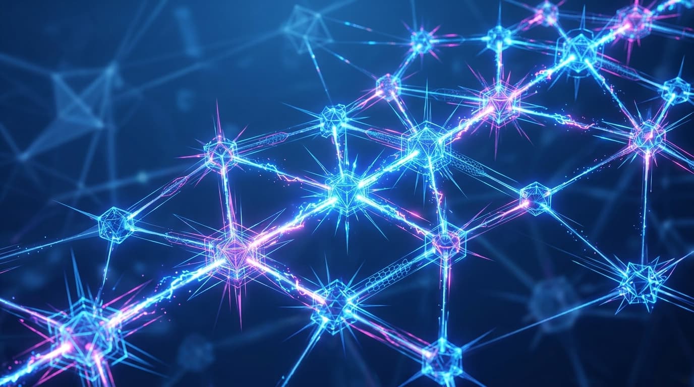 A futuristic glowing abstract representation of an AI neural network, incorporating sparks of light