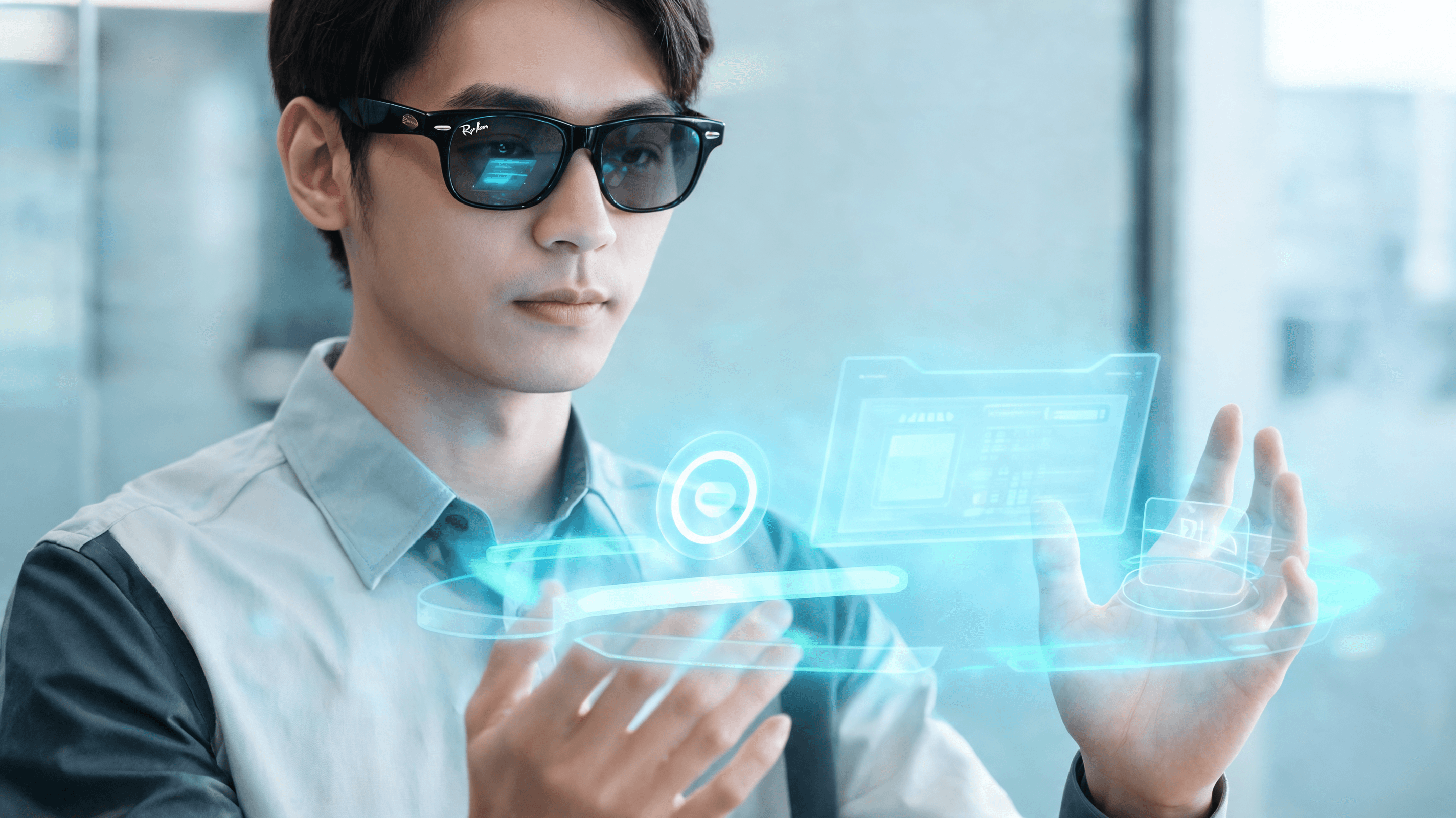 Close-up of a person wearing stylish Ray-Ban style smart glasses, with glowing holographic hand gest