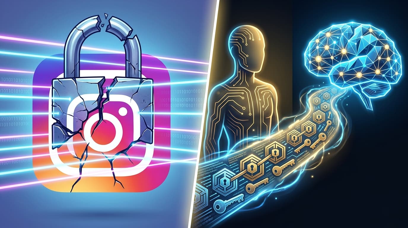 A conceptual illustration of a split screen: one side showing a broken padlock over an Instagram log