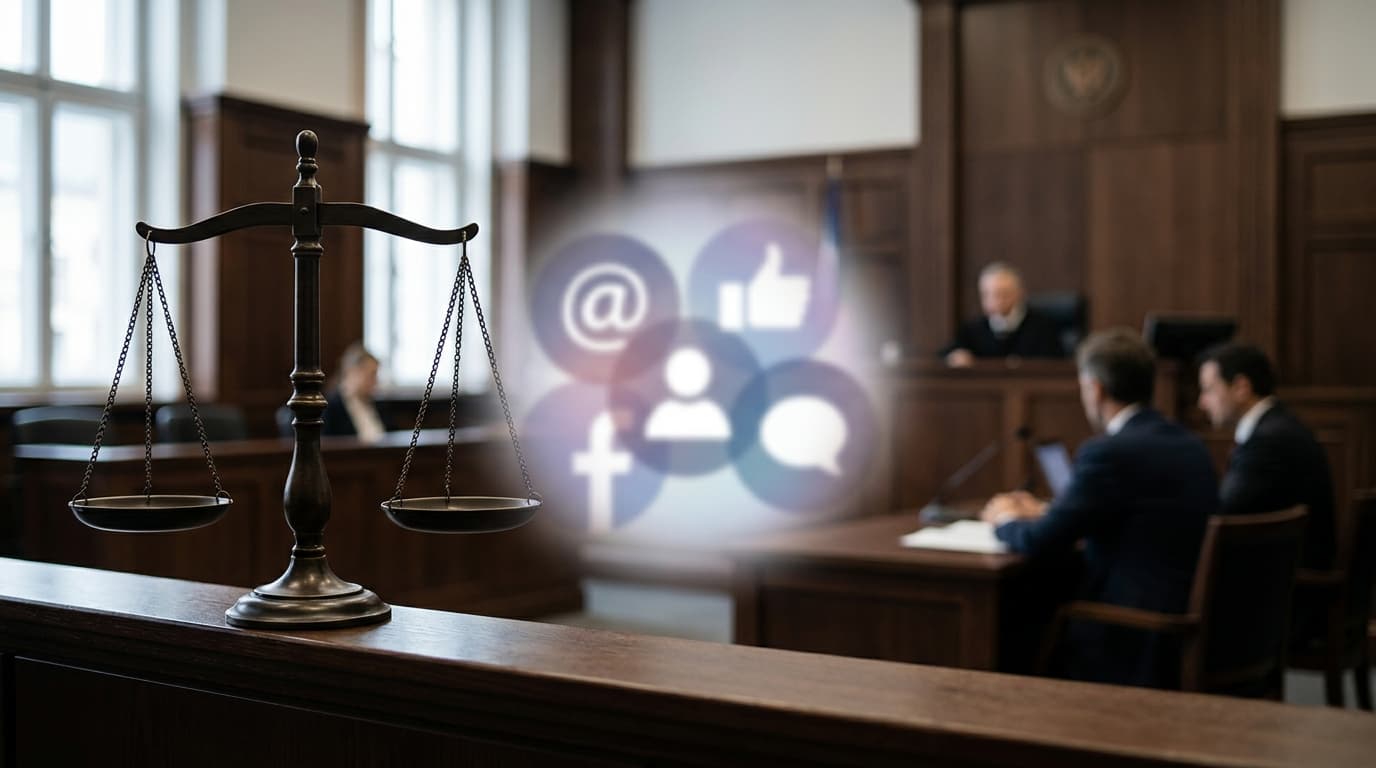 A courtroom setting with a blurred social media interface icon in the center, scales of justice in t