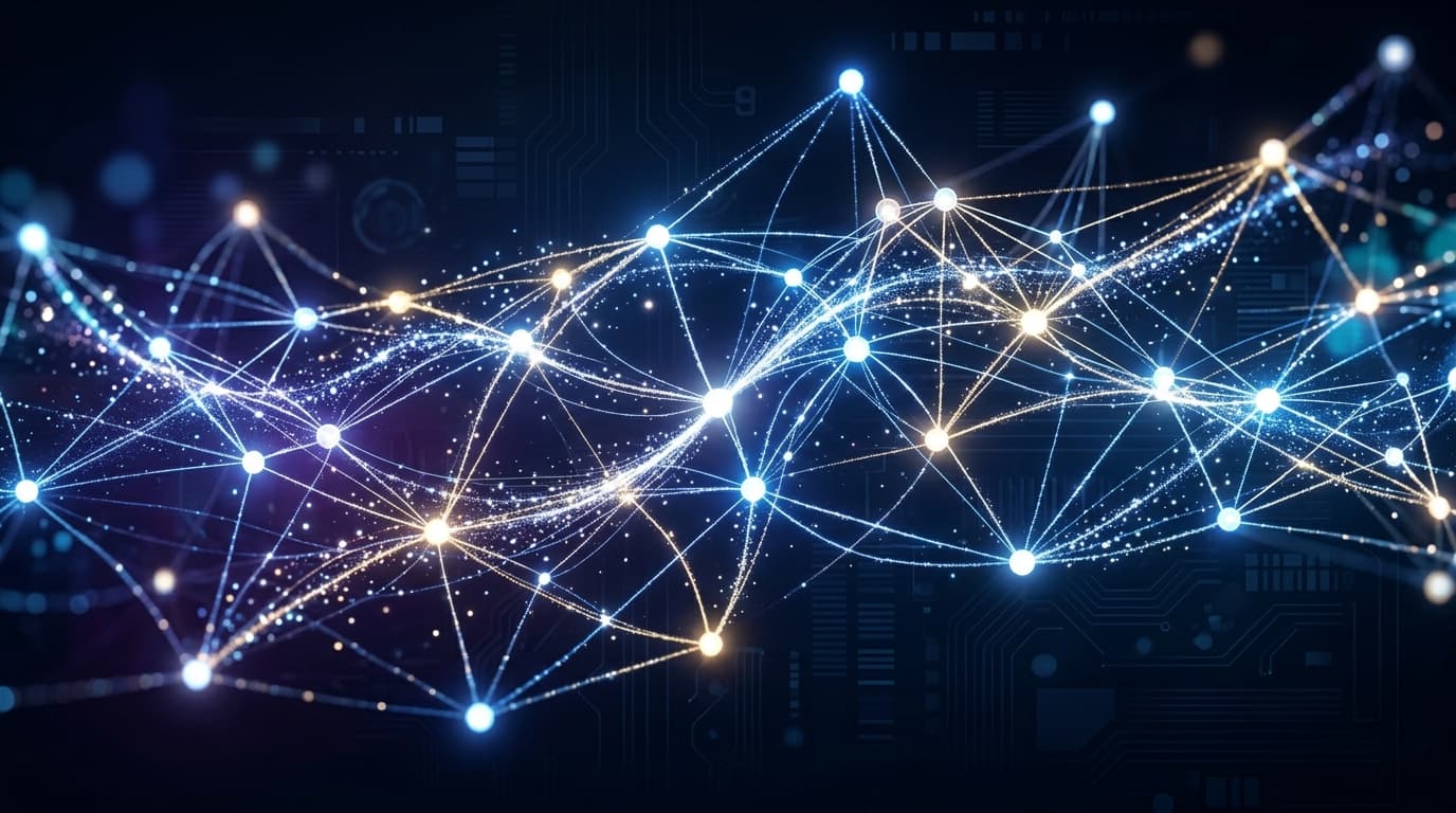 A modern, abstract digital art piece representing artificial intelligence, featuring glowing neural
