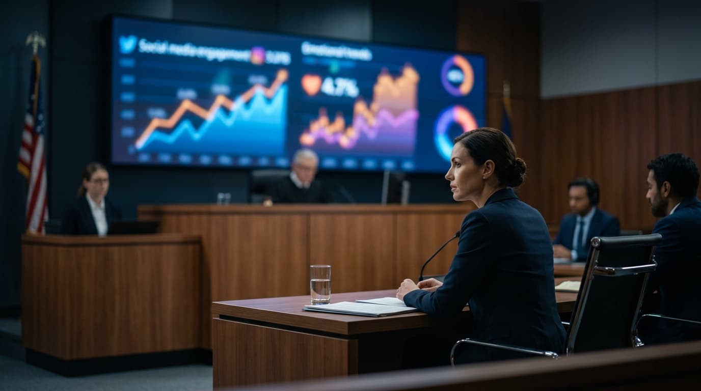 A modern, dramatic courtroom scene featuring a digital display in the background showing blurred soc