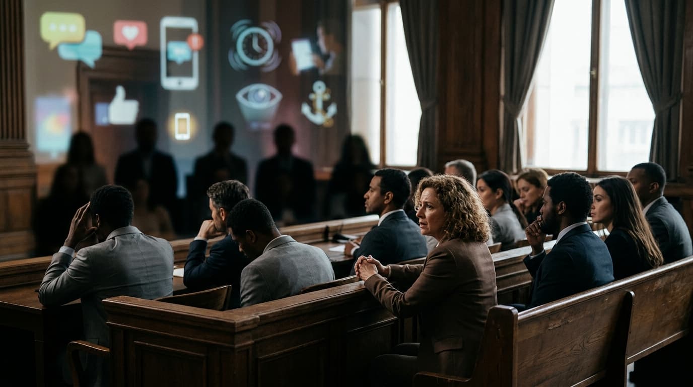 A courtroom scene focused on a jury box with blurry silhouettes of smartphone icons and digital addi