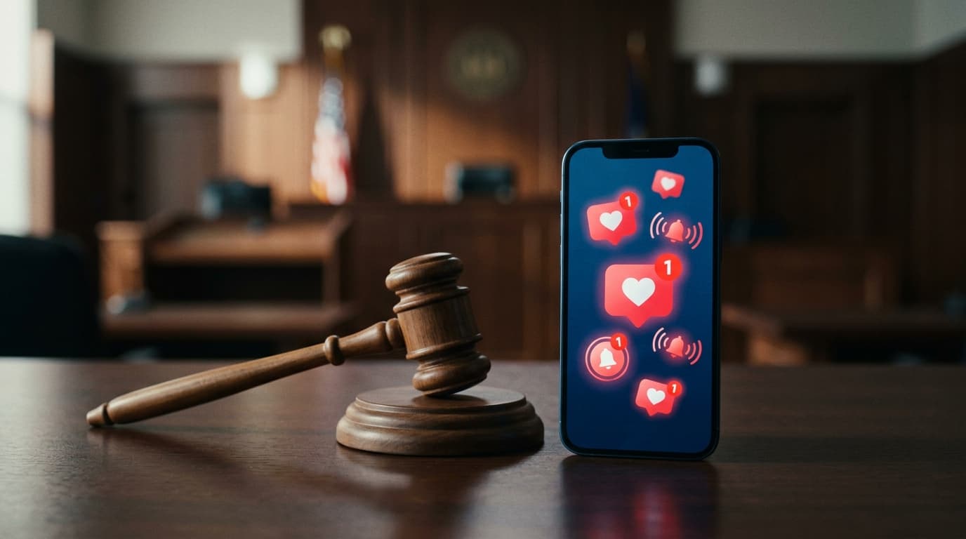 A courtroom scene featuring a judge's gavel next to a stylized digital smartphone screen displaying