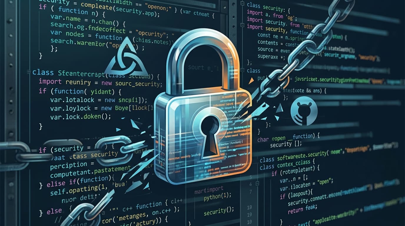 A digital illustration of a locked padlock overlaying a software code interface, with a theme of cyb