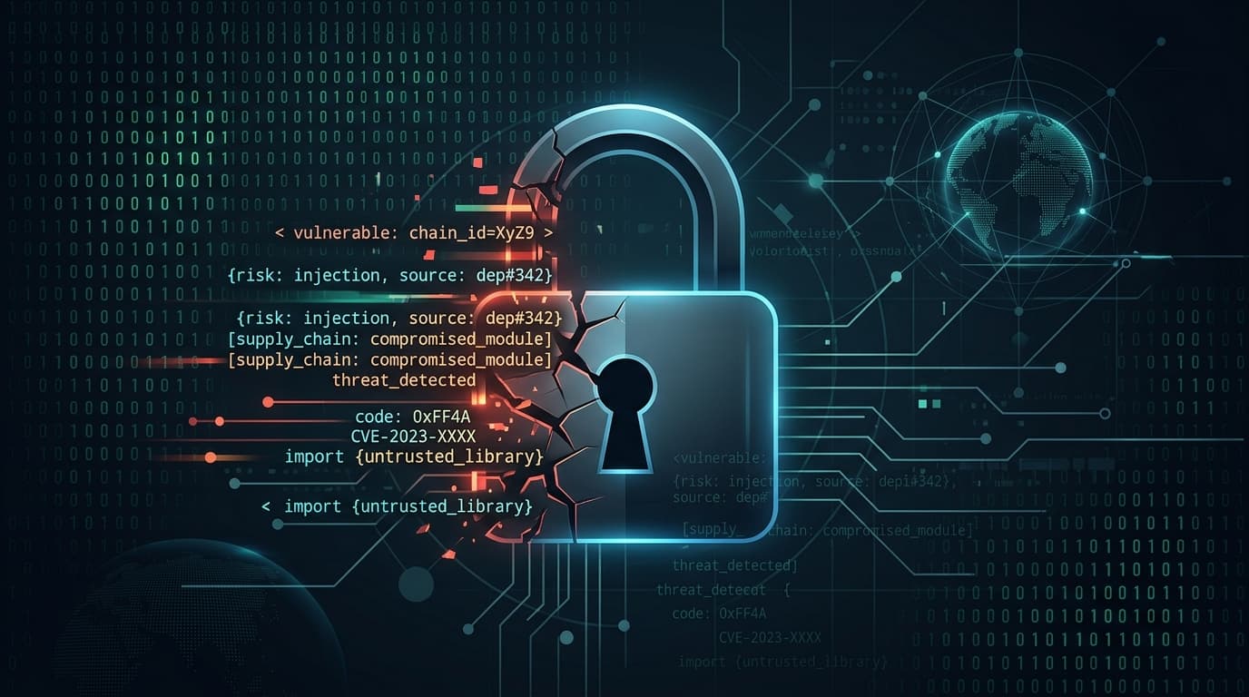 An abstract, minimalist illustration of a padlock icon partially obscured by digital code, represent
