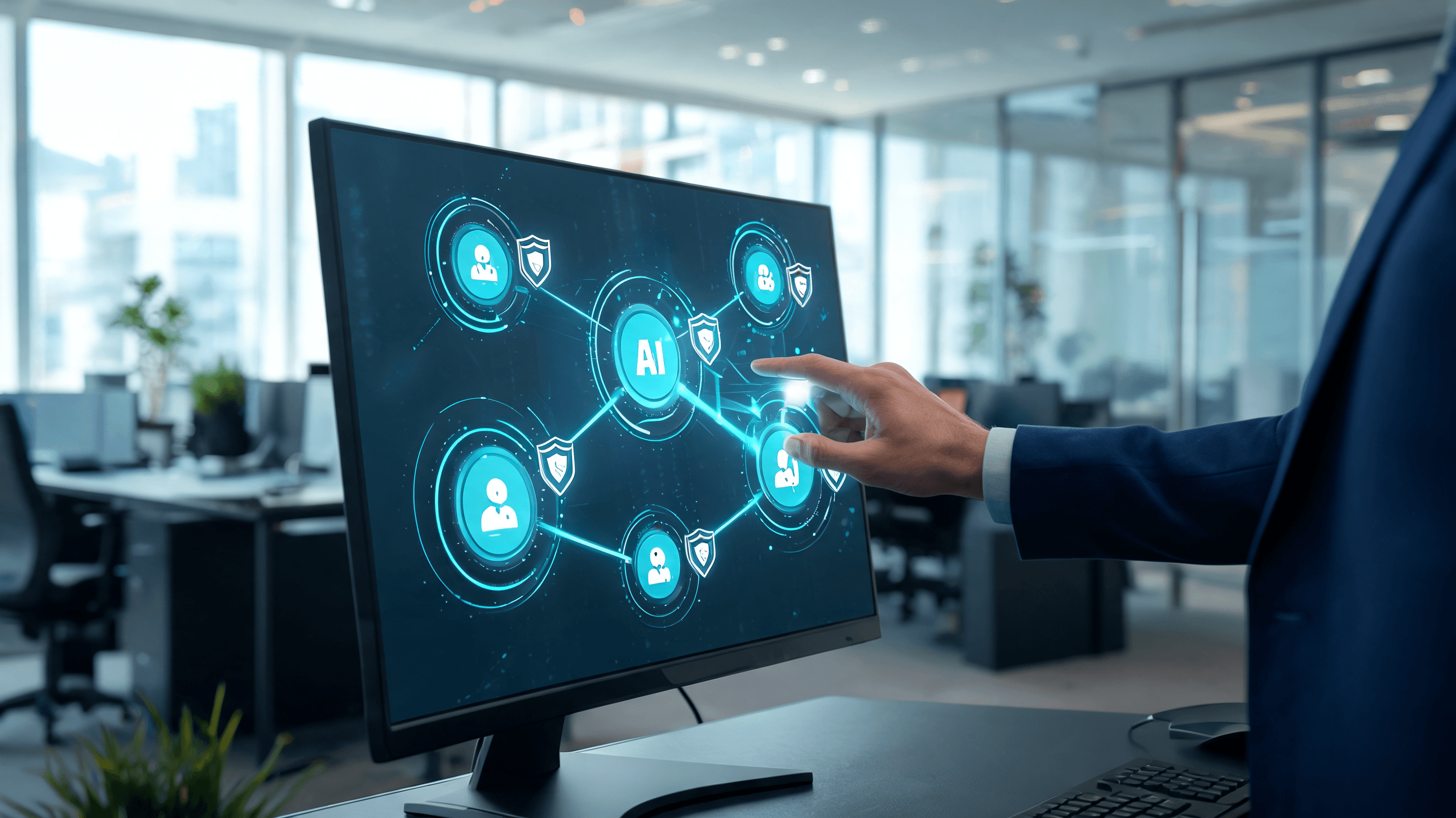 A modern, professional enterprise environment with stylized holographic nodes representing AI agents