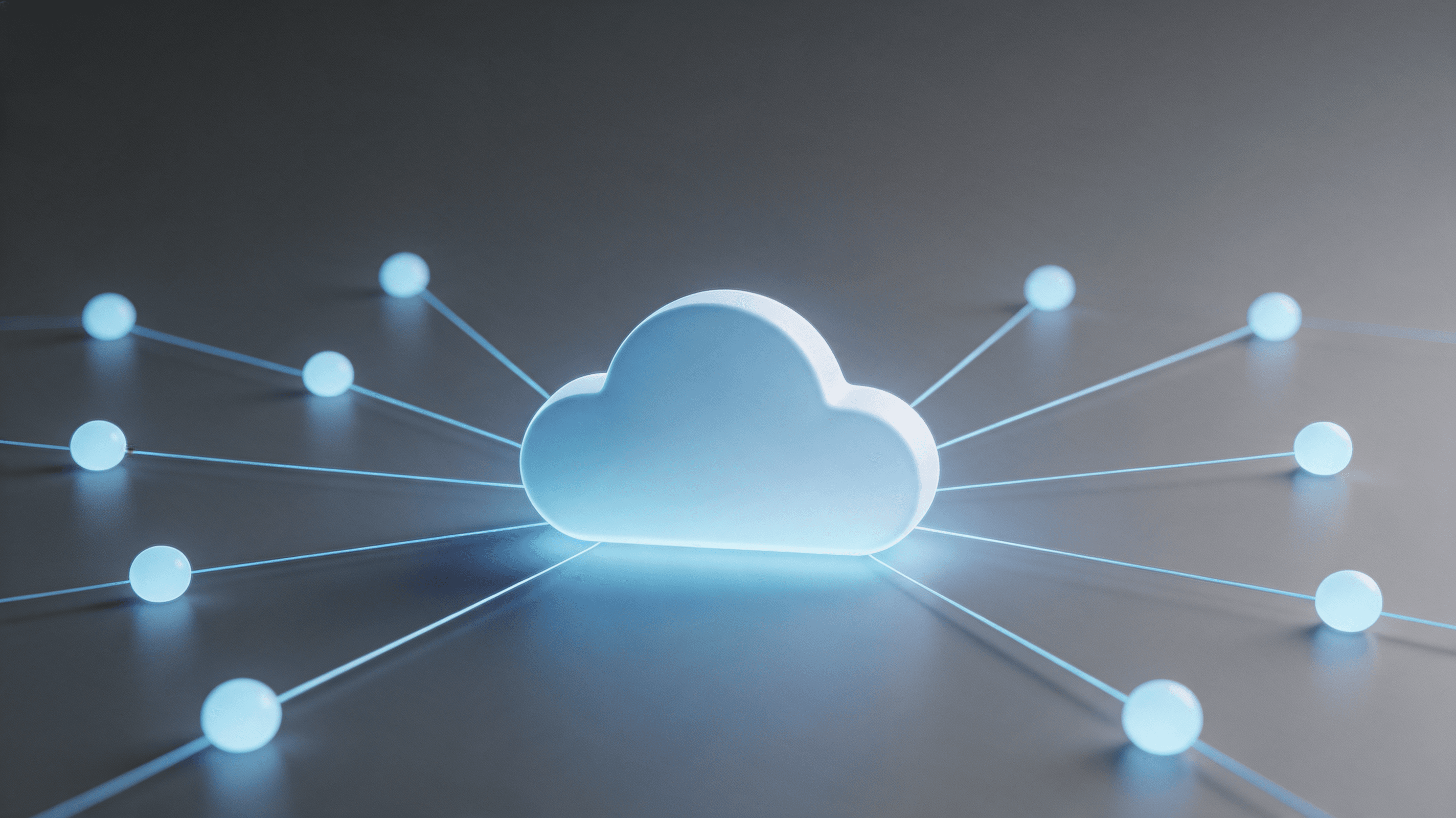 Abstract representation of cloud computing networks, with multiple connection points converging, pro
