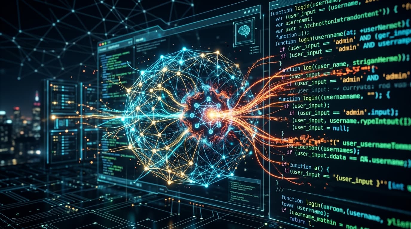 A digital representation of code being manipulated by a glowing AI neural network, symbolizing promp
