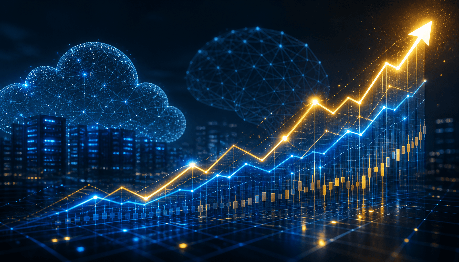 A digital visualization of a bullish stock market trend with glowing blue and gold lines rising on a