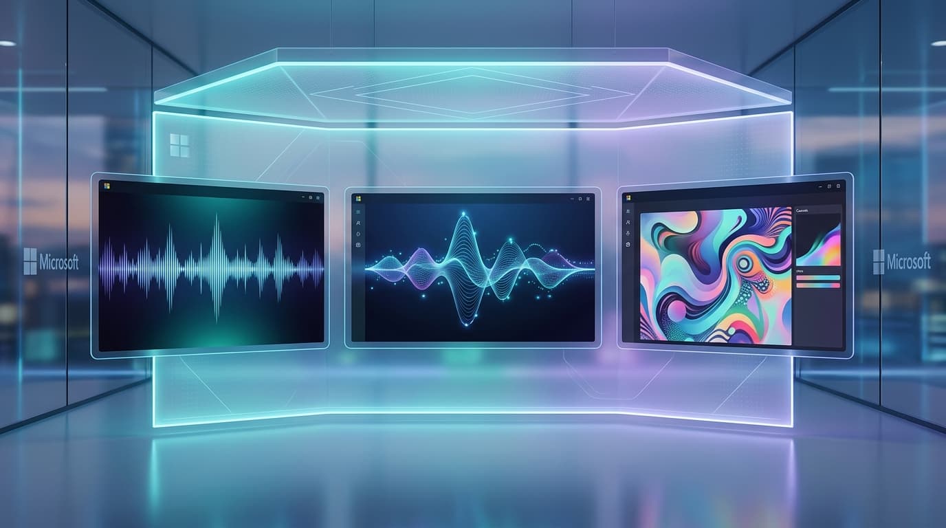A modern, sleek digital visualization of three distinct AI model interfaces: one showing soundwaves,
