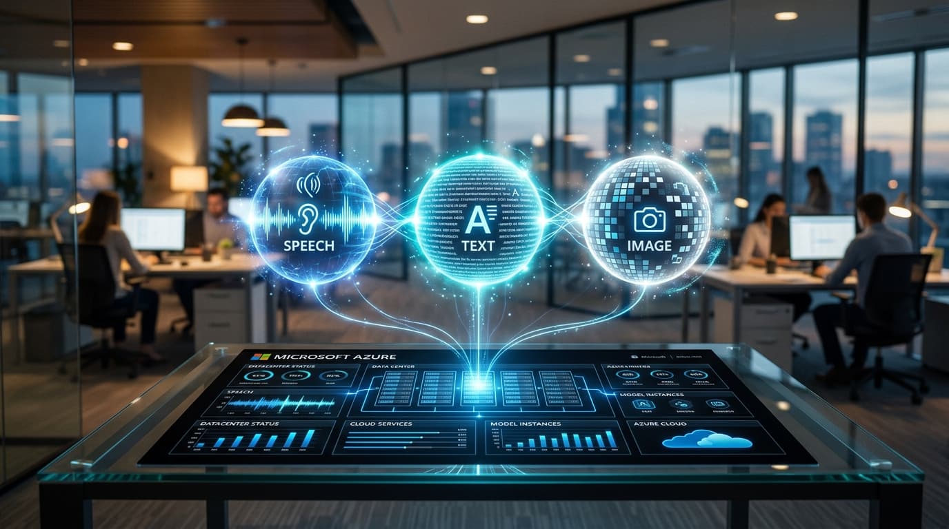 A modern, professional office setting featuring a glowing, abstract holographic representation of th