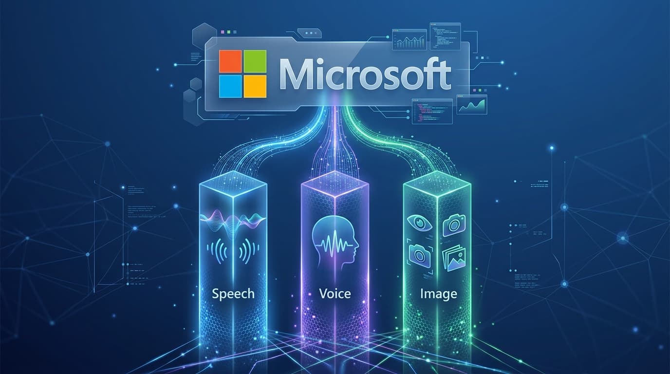 Abstract digital concept art showing three pillars of AI technology (speech, voice, image) convergin