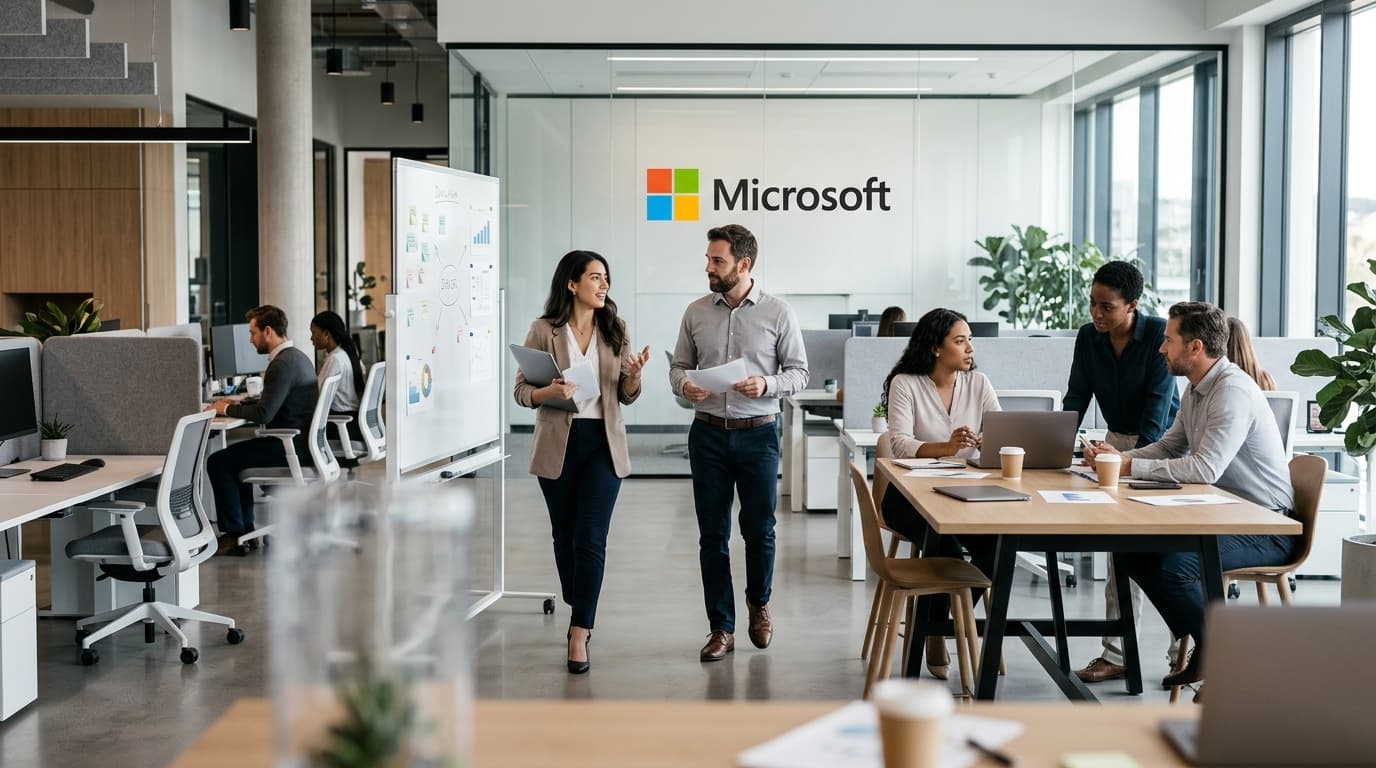 A modern, minimalist office environment with a Microsoft-branded logo in the background, subtly depi