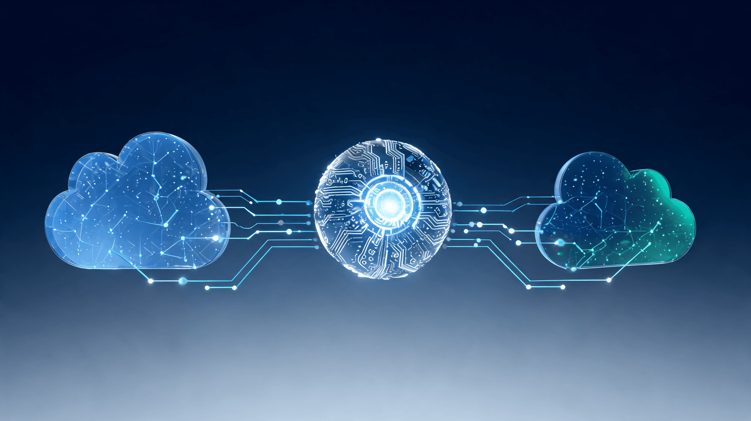 Two abstract, digital cloud-like structures representing competing infrastructure platforms, connect
