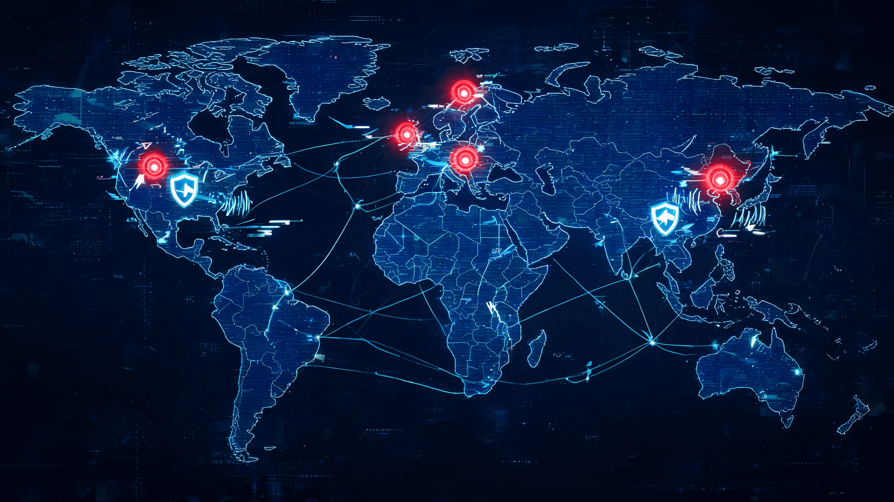 A dark, atmospheric digital security environment representing a computer network with glowing red al