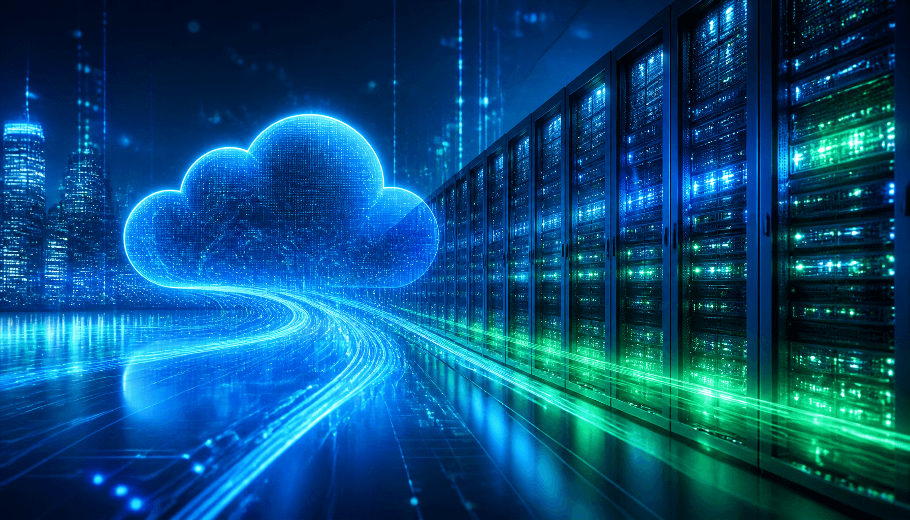A modern, abstract representation of cloud computing data centers with glowing neon blue and green l
