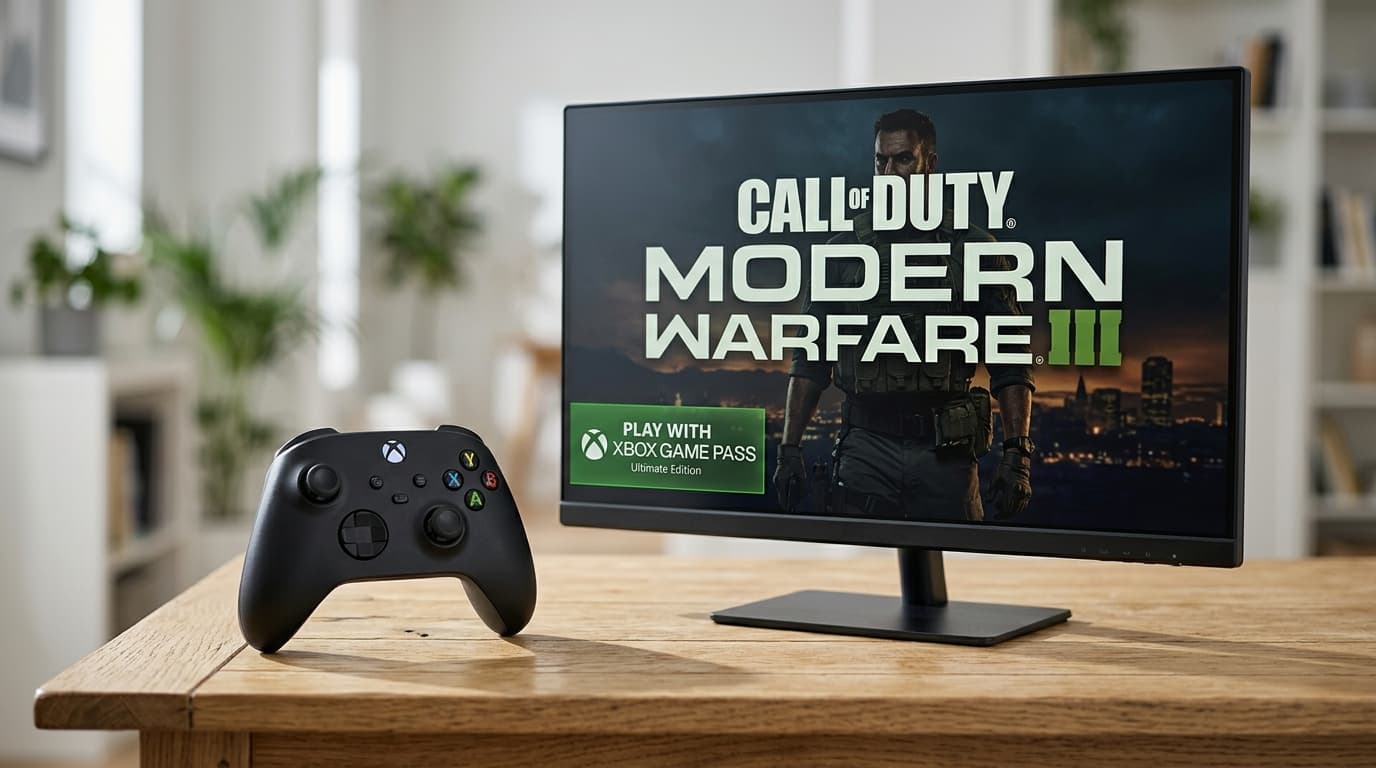 A modern gaming console controller resting on a wooden table, next to a sleek monitor displaying a C