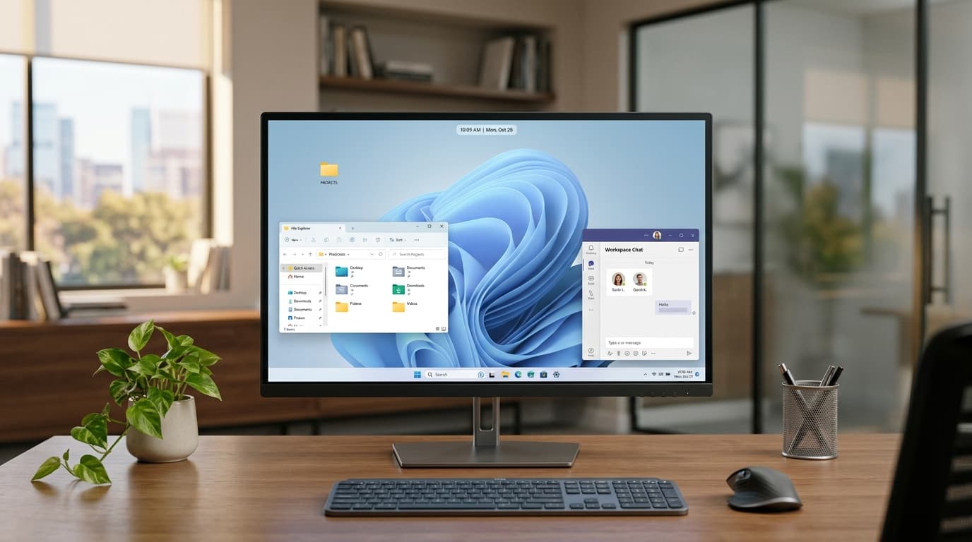 A high-quality, minimalist desktop interface showing a clean Windows 11 workspace, professional and