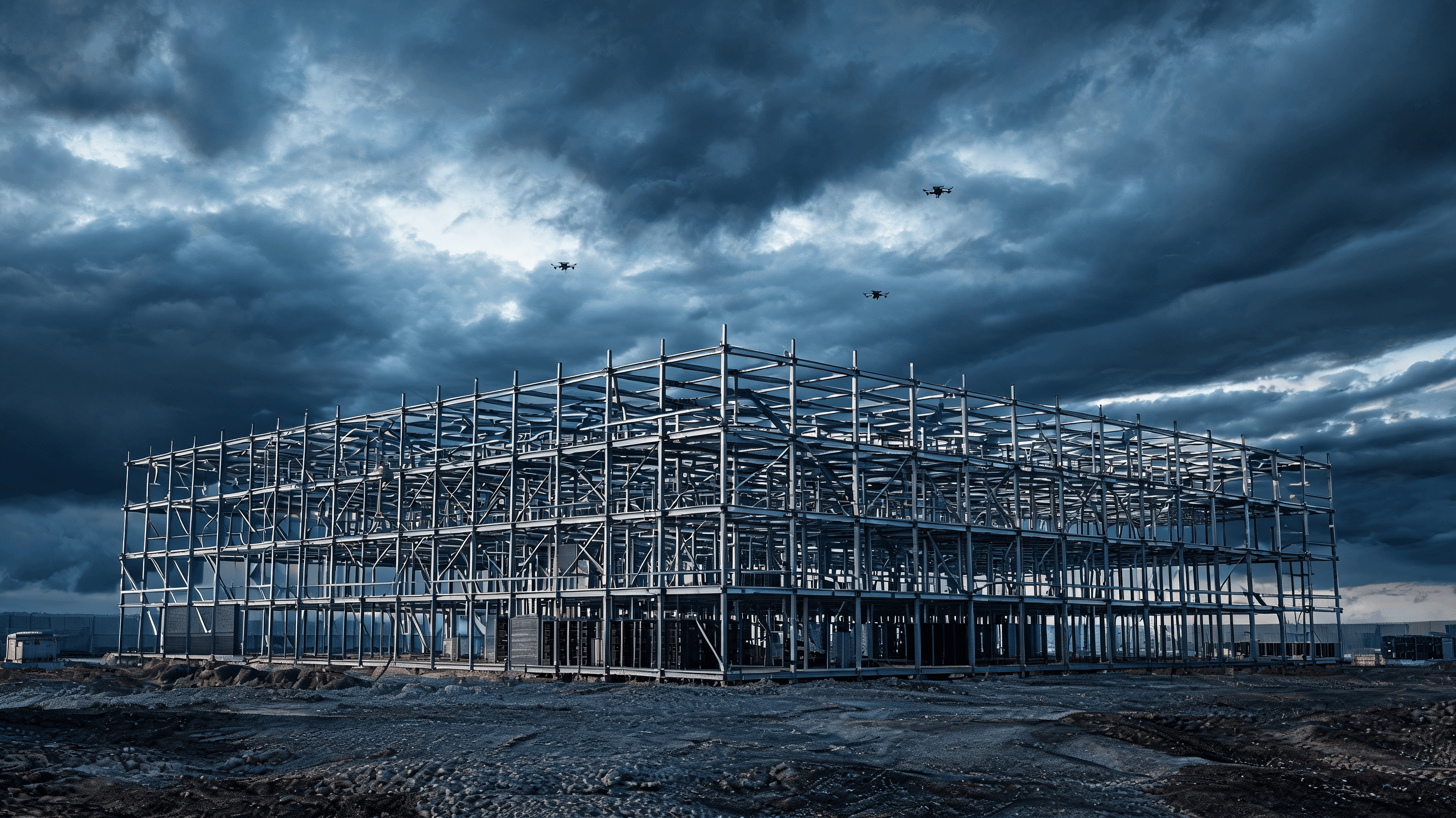 An industrial landscape showing the skeleton of a partially built data center, with a dark, turbulen