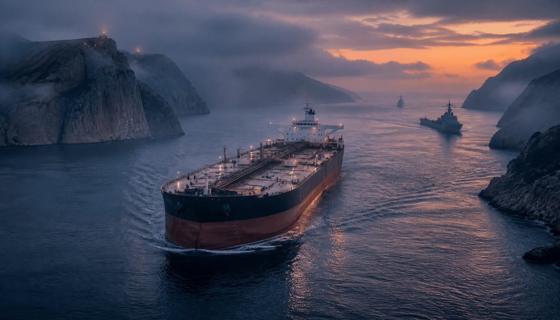 A cinematic aerial view of a massive oil tanker navigating a narrow, misty strait at twilight, surro