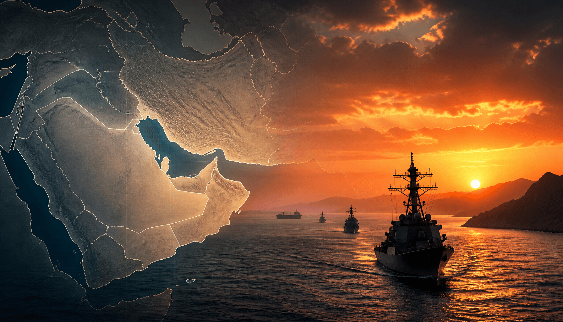 A tense Middle Eastern map visualization, silhouettes of naval ships in the Strait of Hormuz, dramat
