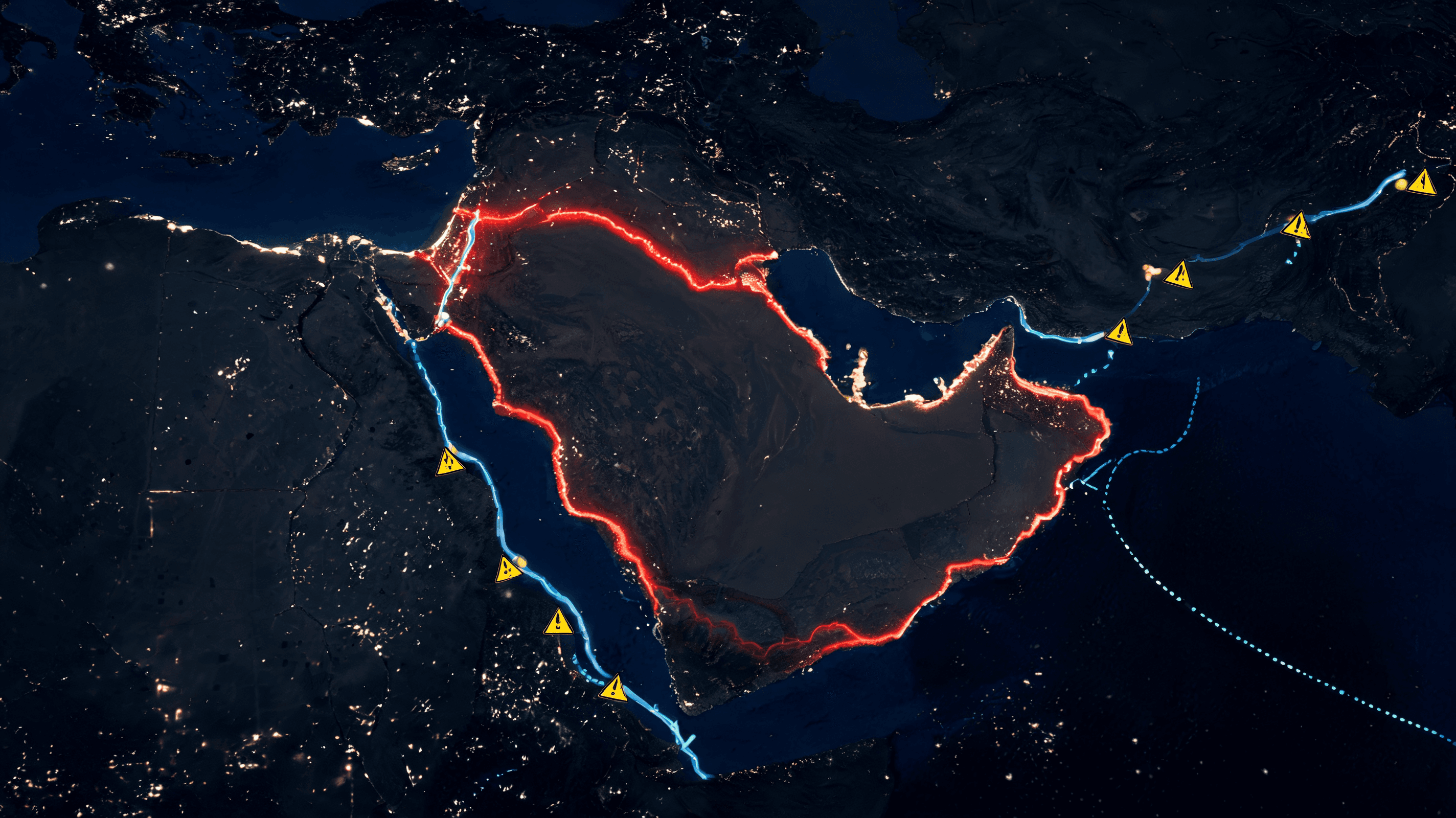 Satellite view of the Middle East, a glowing red border illustrating a conflict zone, map of critica