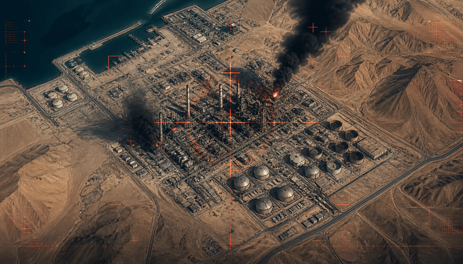 A dramatic satellite view of a Middle Eastern desert landscape featuring oil refinery infrastructure