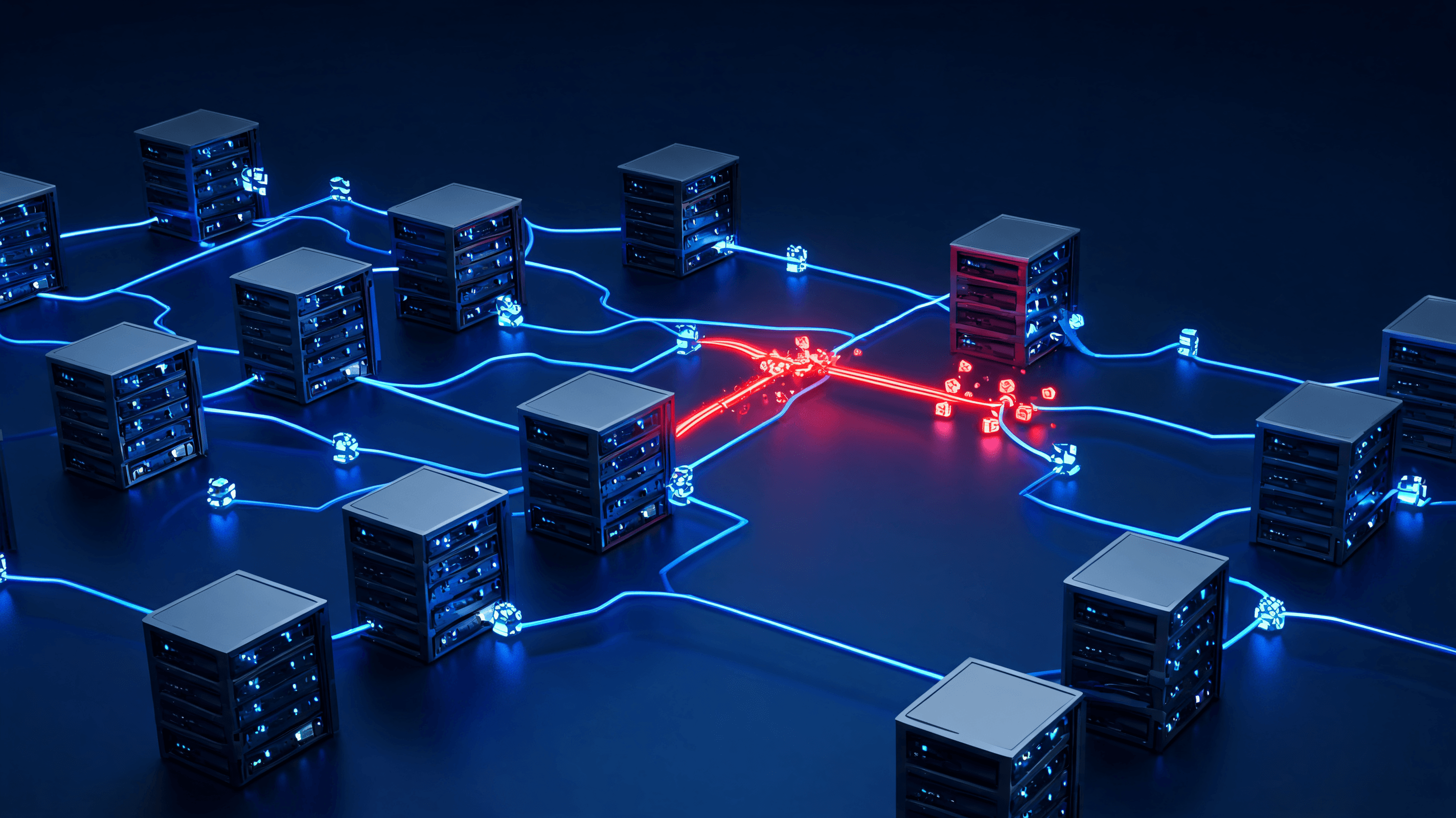 A digital graphic showing a network of interconnected servers with a glowing, vulnerable data stream