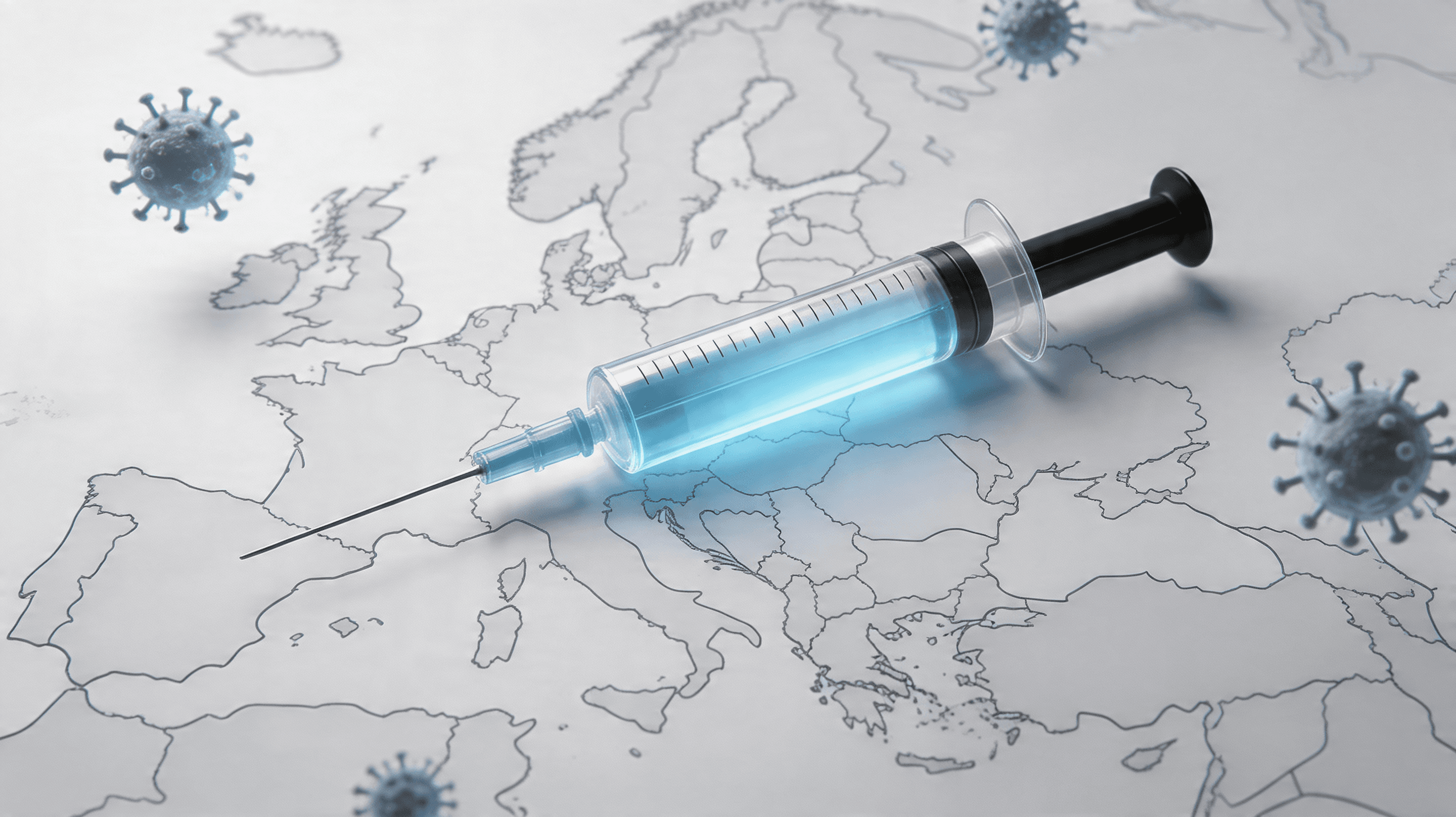 A modern medical illustration showing a clear glass syringe with blue glowing liquid, superimposed o