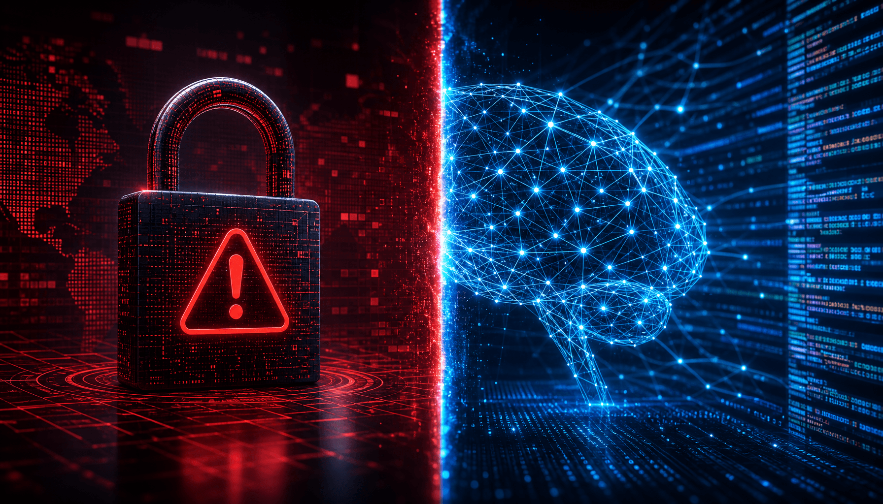 A conceptual digital illustration of a split screen: one side showing a stylized cyber-security padl