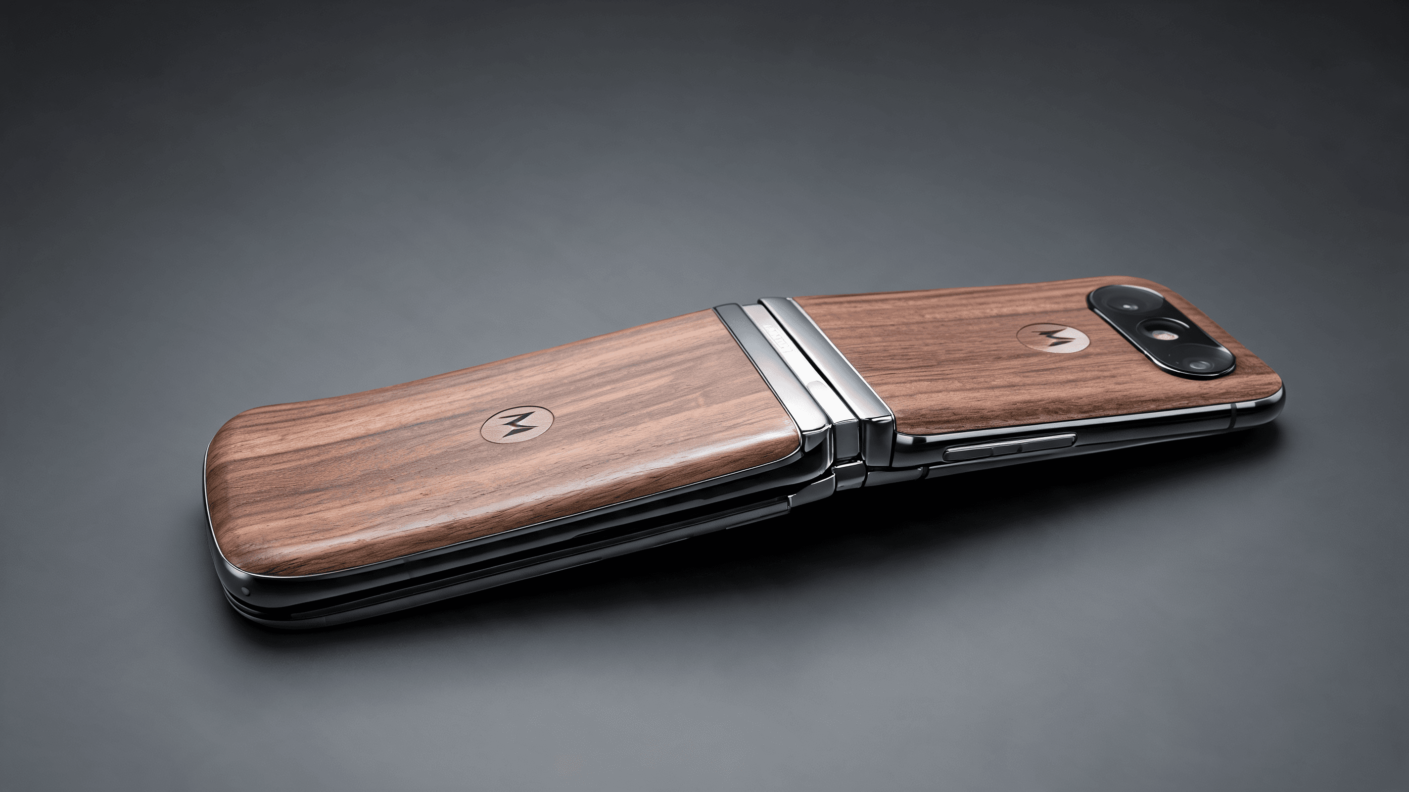 Close-up of a stylish folding smartphone, Motorola Razr, wooden texture on the back panel, metallic