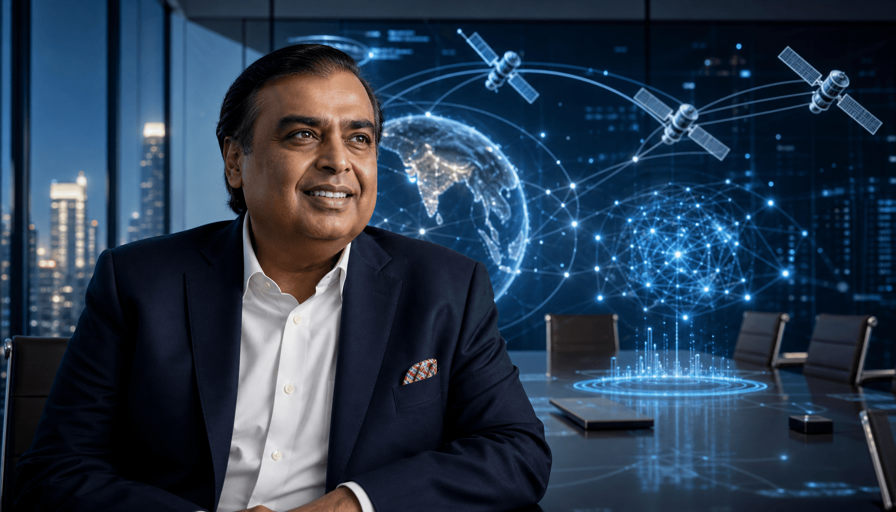 Portrait of Mukesh Ambani in a modern, glass-walled boardroom, with holographic visualizations of sa