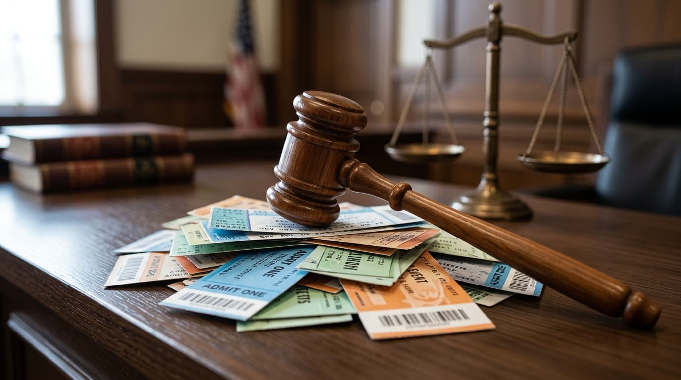 A courtroom gavel resting on top of a pile of concert tickets, with the scales of justice in the bac