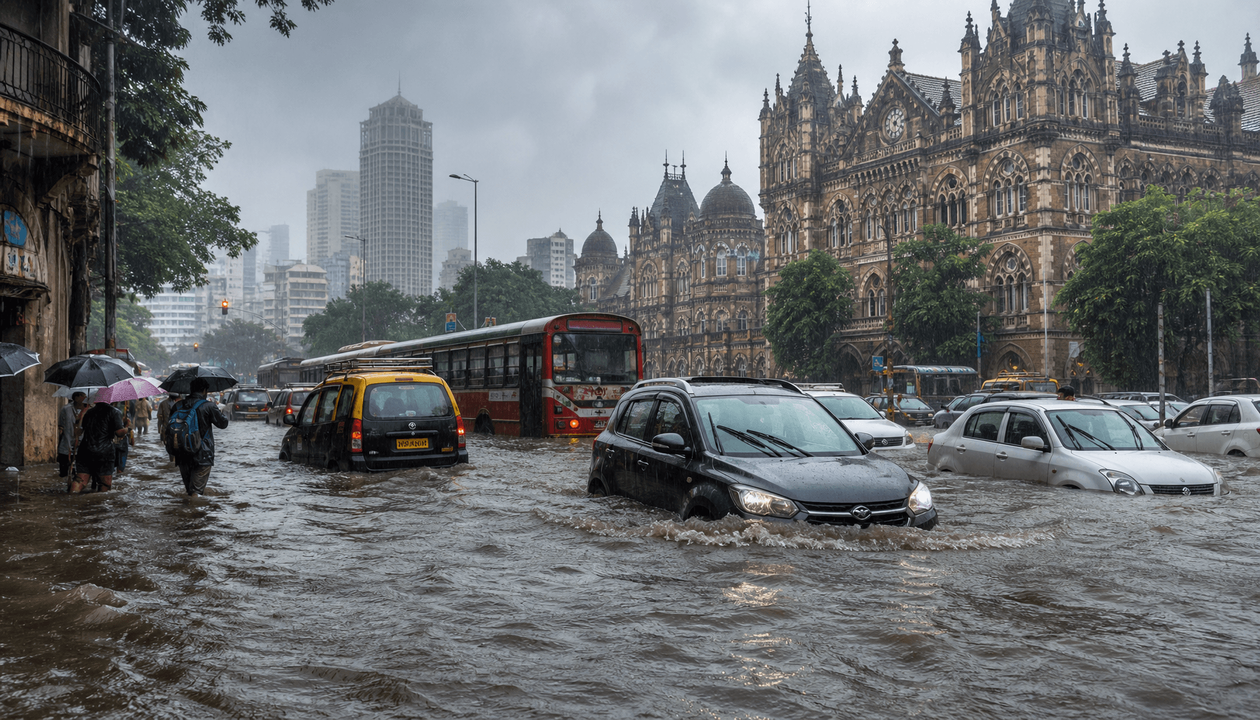 A street view in Mumbai during heavy monsoon rain, with flooded roads, stranded vehicles, and rain-s