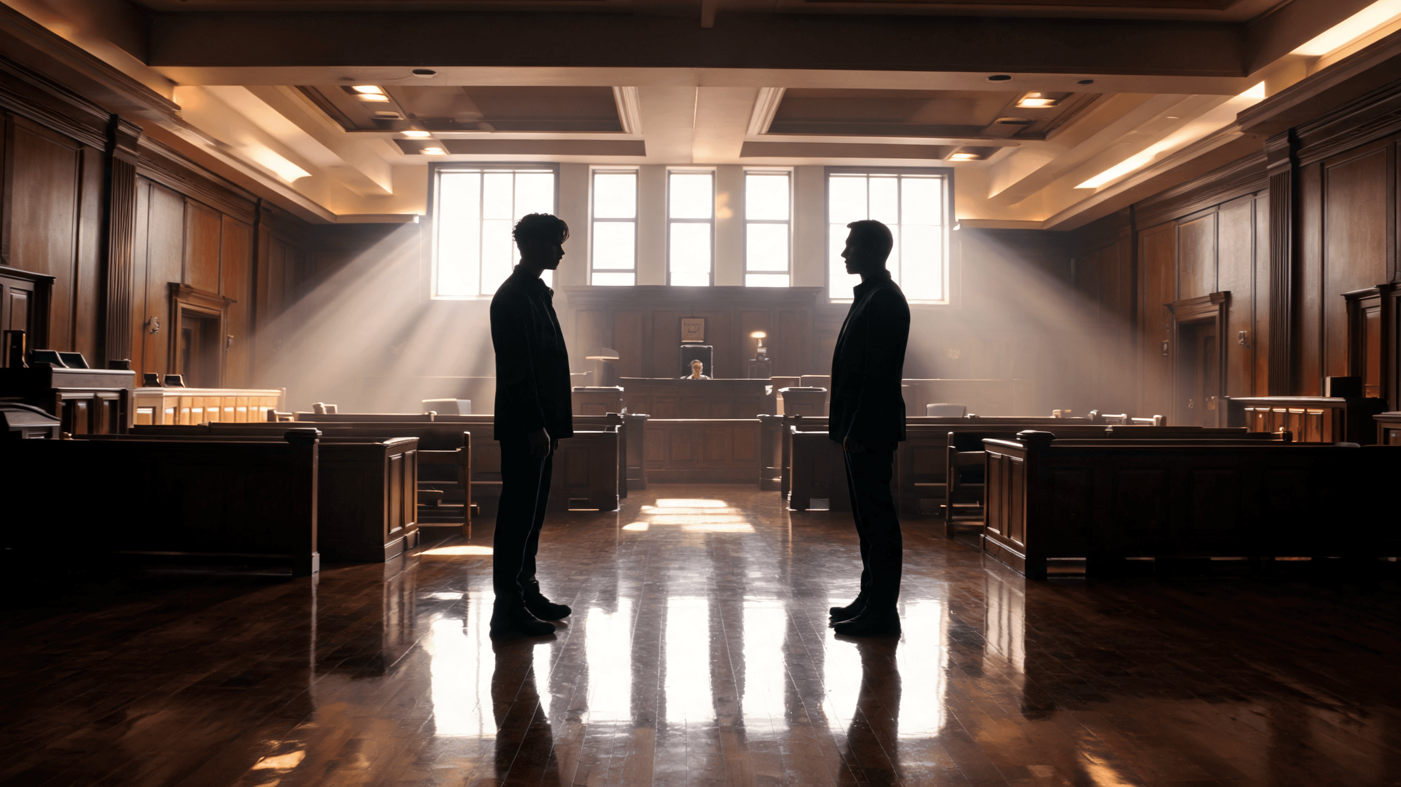 A courtroom interior, dramatic lighting, reflecting off a polished wooden floor, with silhouetted fi