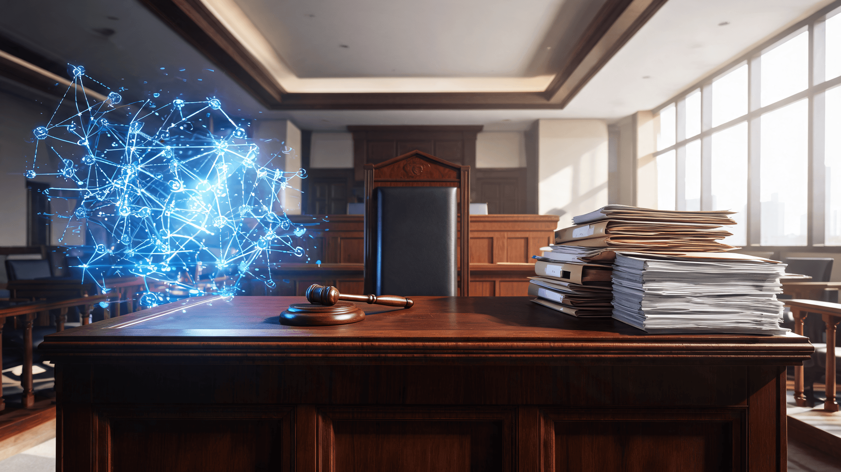 A courtroom scene featuring abstract representations of AI technology and corporate documents, high-